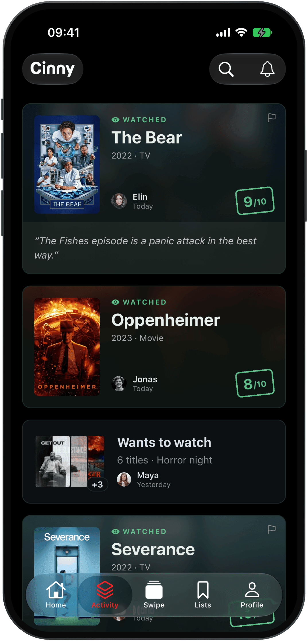 Cinny's activity feed, showing what the people you follow have watched, how they rated it and what they said about it