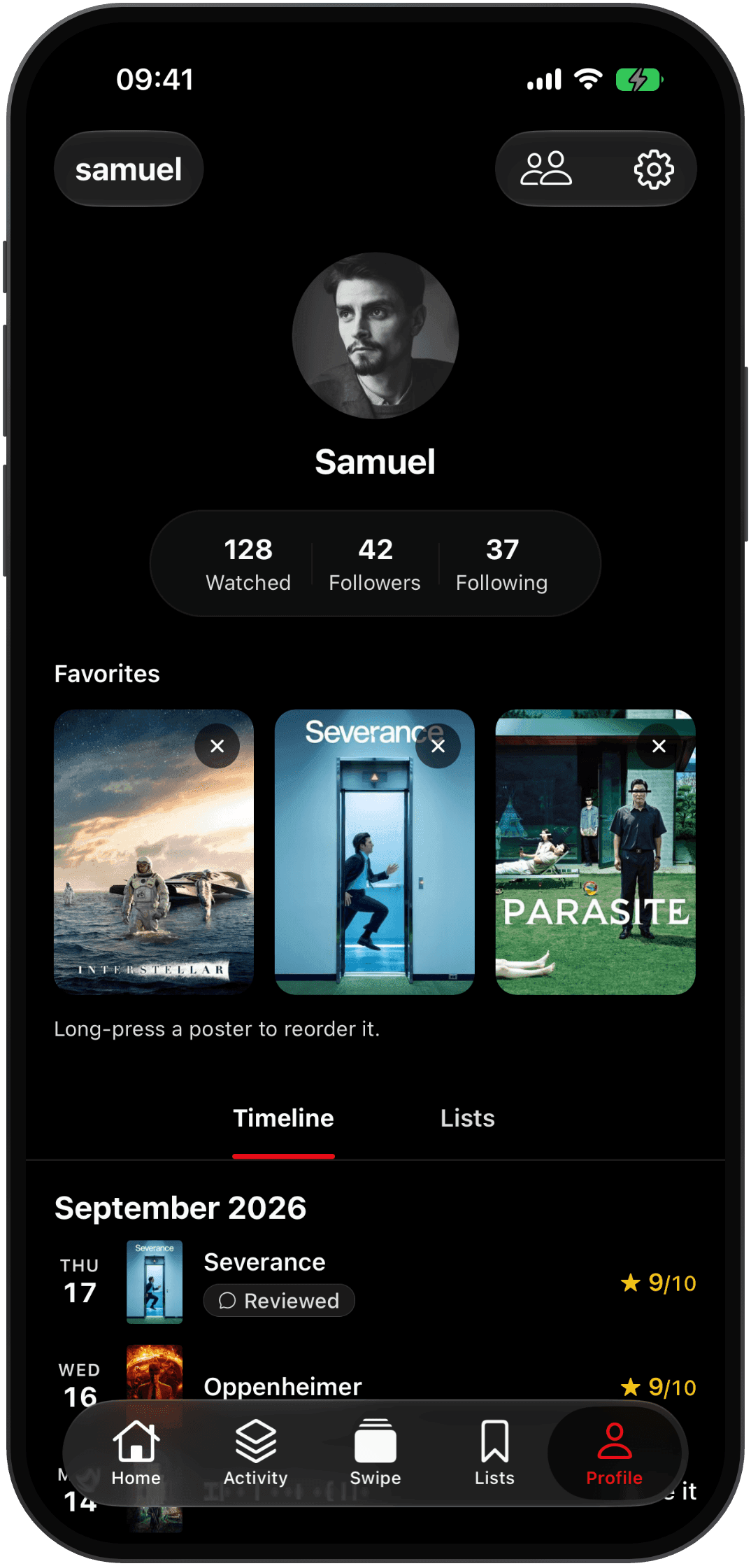 A Cinny profile, with watched, follower and following counts above a row of favorite titles