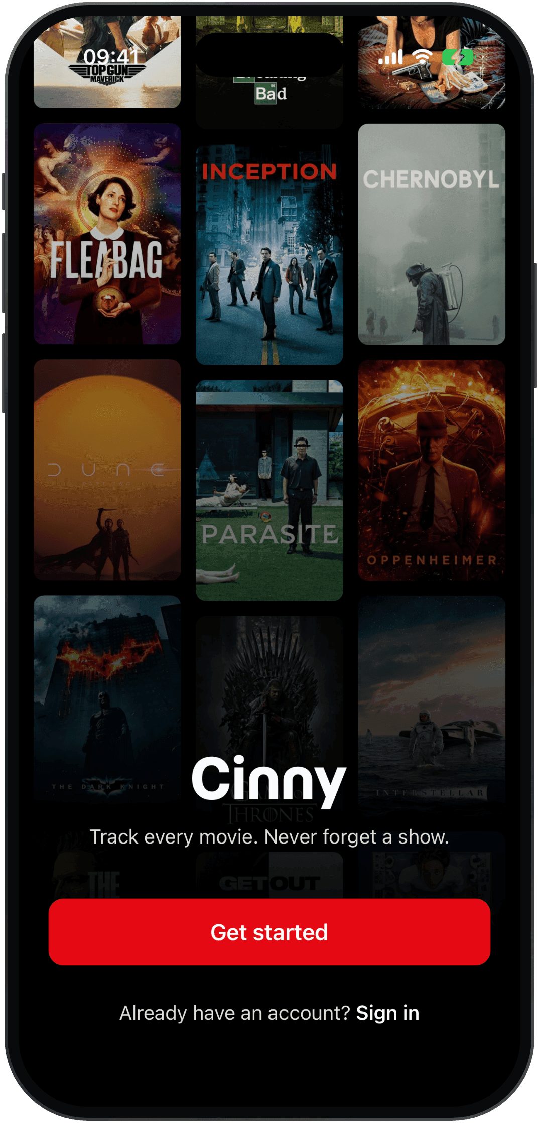 The Cinny welcome screen, a wall of film and TV posters behind a Get started button